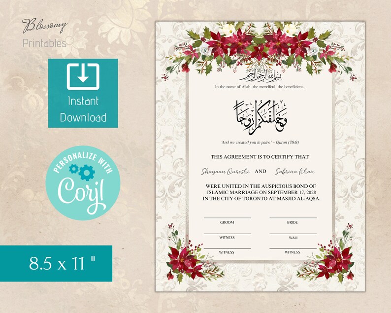 May include: A printable Islamic wedding certificate with a white background and red floral borders. The text reads "This agreement is to certify that Shayaan Qureshi and Sabrina Khan were united in the auspicious bond of Islamic marriage on September 17, 2028 in the city of Toronto at Masjid Al-Aqsa."