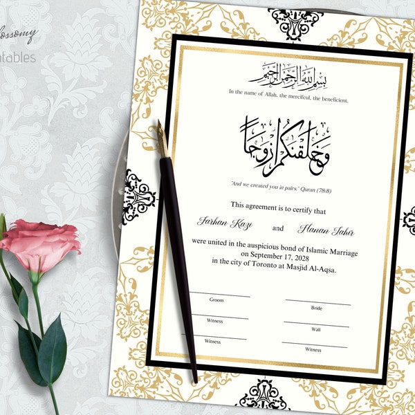 Editable Nikkah Certificate, Muslim Nikkah Contract, Digital Islamic Nikah Contract, Nikahnama, Muslim Wedding Certificate Black Gold