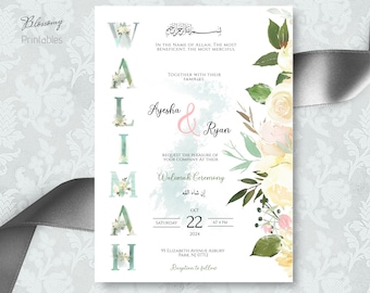May include: A wedding invitation with a watercolor floral design. The invitation features the names Ayesha & Ryan and the text "Walimah Ceremony" in a decorative font. The date and time of the ceremony are listed as "Saturday, October 22, 2024 at 4 PM".