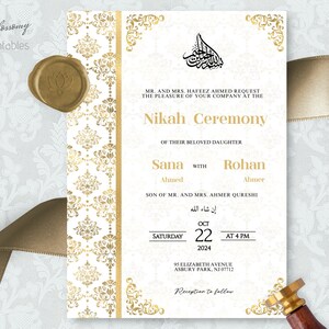 Editable Islamic Wedding Invitation, Nikah Invitation White Gold, Walima, Muslim Wedding Invitation, Nikkah Invite Template, Islamic Evite