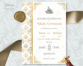 May include: A white and gold wedding invitation with an ornate design. The invitation announces a Nikah Ceremony for Sana Ahmed and Rohan Ahmer, on Saturday, October 22, 2024, at 4 PM. The address is 95 Elizabeth Avenue, Asbury Park, NJ 07712. The invitation includes the text "Reception to follow".