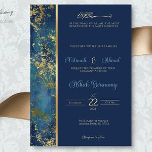 Nikah Invitation Navy Blue Gold, Muslim Wedding Invitation, Islamic Wedding Invitation, Nikkah Marble Invite, Pakistani Indian Desi Wedding