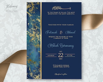 Nikah Invitation Navy Blue Gold, Muslim Wedding Invitation, Islamic Wedding Invitation, Nikkah Marble Invite, Pakistani Indian Desi Wedding