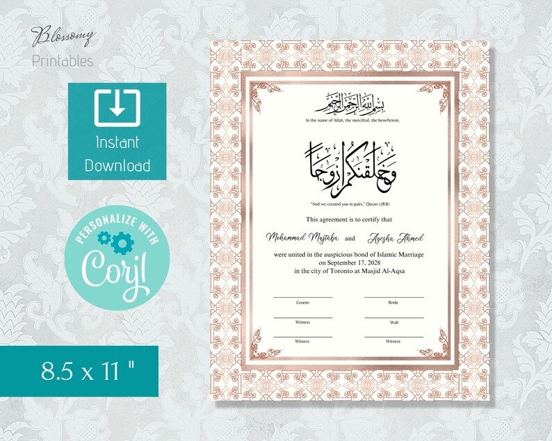 Certificado Nikkah editable, Contrato Nikkah musulmán, Contrato Nikah islámico digital, Nikahnama, Certificado de boda musulmán Oro rosa imagen 2