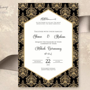 Luxury Muslim Wedding Invitation, Nikah Invitation Black Gold, Islamic Wedding Invitation, Nikkah Invite Template, Bismillah Wedding