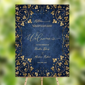 Editable Nikkah Sign, Blue Gold Nikah Welcome Sign, Muslim Nikkah Welcome Sign template, Muslim Wedding Sign, Islamic Wedding Welcome Sign
