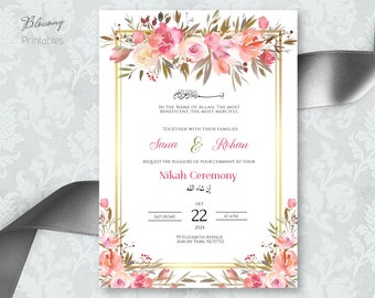 Könnte beinhalten: Eine Hochzeitseinladung mit einem floralen Design in Rosa-, Pfirsich- und Grüntönen. Die Einladung zeigt den Text "Sana & Rohan" und "Nikah-Zeremonie" in einem goldenen Rahmen. Datum und Uhrzeit der Zeremonie sind als "Samstag, 22. Oktober 2024 um 16:00 Uhr" angegeben.