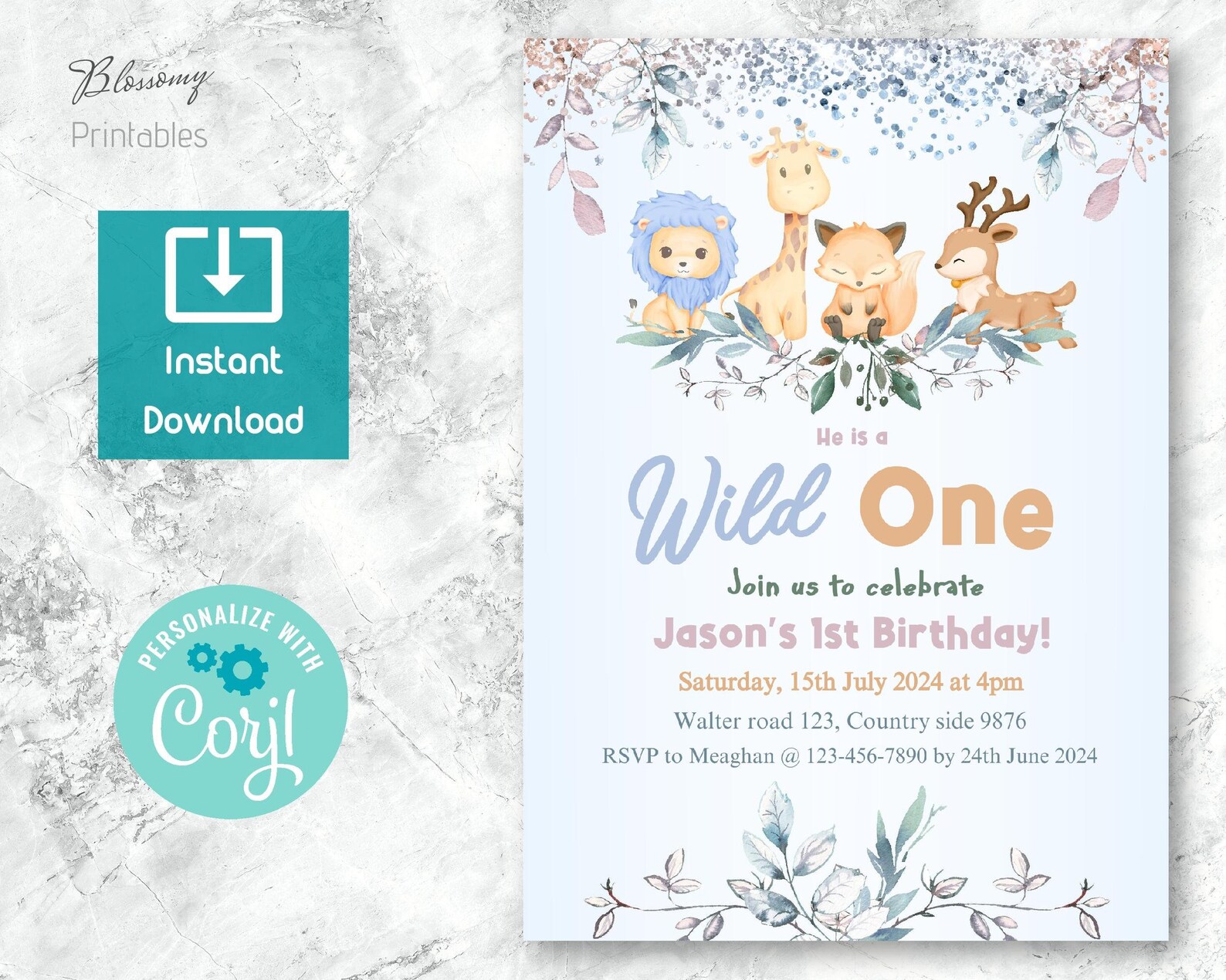 Editable Wild One Birthday Invitation Safari Animals Jungle Invite