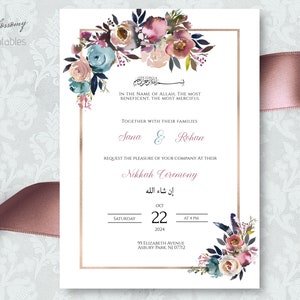 Nikah Invitation Blush Pink, Muslim Wedding Invitation, Islamic Wedding Invitation, Nikkah Invite Template, Rose gold Nikah invite