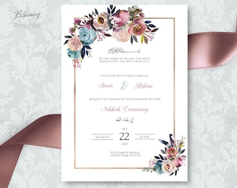 Könnte beinhalten: Eine weiße Hochzeitseinladung mit goldfarbenem Rand und floralen Illustrationen. Die Einladung lautet "Im Namen Allahs, des Allerbarmers, des Gnädigen." Sie enthält auch die Namen "Sana & Rohan" und das Datum "22. Oktober 2024".