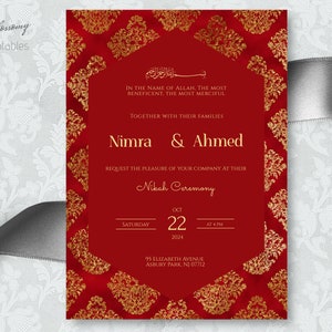 Nikah Invitation Gold Red, Muslim Wedding Invitation, Islamic Wedding Invitation, Nikkah Invite Template, Wedding Pakistani Indian Shaadi