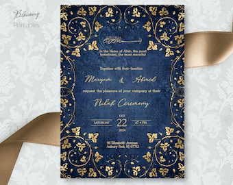 Invito di nozze musulmano modificabile, Nikah Invitation Navy Blue Gold, Invito di nozze islamico, Nikkah Invite Template, Islamic Evite
