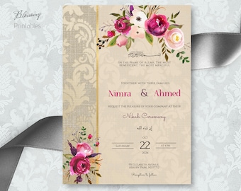 Könnte beinhalten: Eine Hochzeitseinladung mit einem floralen Design in Rosa- und Lilatönen. Die Einladung ist für eine Nikah-Zeremonie für Nimra und Ahmed am 22. Oktober 2024 um 16:00 Uhr. Die Einladung enthält die Adresse und Informationen über den anschließenden Empfang.