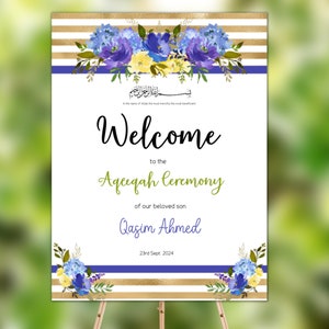 Aqeeqah Welcome Sign Boy, Aqiqah Welcome Sign Blue Gold, Islamic Aqeeqah Sign, Aqeeqah decor, Muslim Aqeeqah Sign for Boy