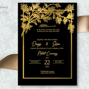 Nikkah Invitation Black Gold, Muslim Wedding Invitation, Islamic Wedding Invitation, Nikkah Invite Template, Gold Nikah invite, Pakistani