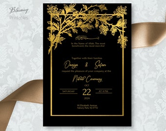 Nikkah Invitation Black Gold, Muslim Wedding Invitation, Islamic Wedding Invitation, Nikkah Invite Template, Gold Nikah invite, Pakistani
