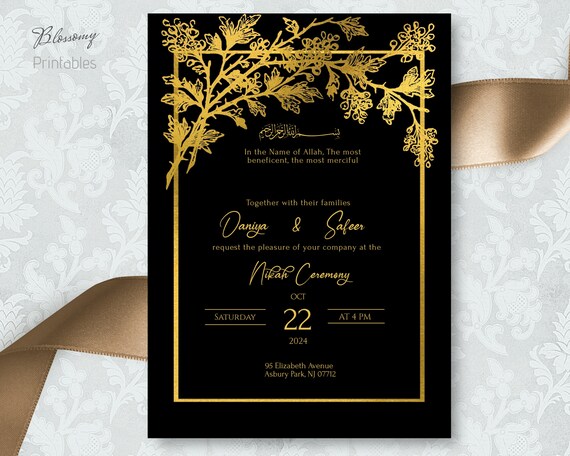 Nikkah Invitation Black Gold, Muslim Wedding Invitation, Islamic Wedding Invitation, Nikkah Invite Template, Gold Nikah invite, Pakistani