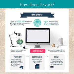 May include: A graphic illustration showing how to use an online tool to personalise and print designs. The illustration shows a computer screen with a demo button, a purchase button, a personalise button, and a print button. The text on the image reads "Corjl is an ONLINE TOOL that allows you to personalise your designs right after purchasing!" and "INSTANT access to items EASY to use online tool HIGH QUALITY downloads".