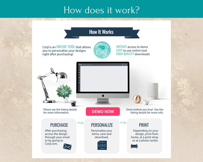 May include: A graphic illustration showing how to use an online tool to personalise and print designs. The illustration shows a computer screen with a demo button, a purchase button, a personalise button, and a print button. The text on the image reads "Corjl is an ONLINE TOOL that allows you to personalise your designs right after purchasing!" and "INSTANT access to items EASY to use online tool HIGH QUALITY downloads".