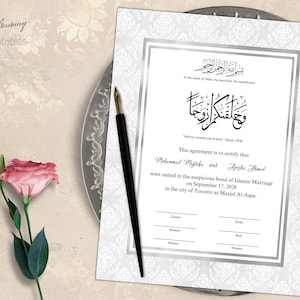 Bearbeitbare Nikkah-Urkunde, Muslimischer Nikkah-Vertrag, Digitaler islamischer Nikah-Vertrag, Nikahnama, Muslimisches Hochzeitszertifikat Silber