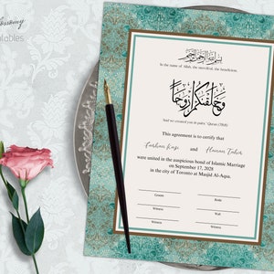 Muslim Nikkah Contract, Digital Islamic Nikah Contract, Editable Nikkah Certificate, Nikahnama, Muslim Wedding Certificate Turquoise Brown