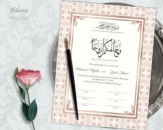Editable Nikkah Certificate, Muslim Nikkah Contract, Digital Islamic Nikah Contract, Nikahnama, Muslim Wedding Certificate Rose Gold