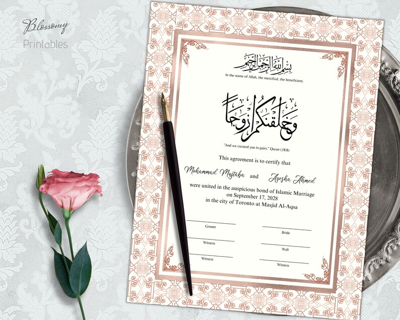 Certificado Nikkah editable, Contrato Nikkah musulmán, Contrato Nikah islámico digital, Nikahnama, Certificado de boda musulmán Oro rosa imagen 1