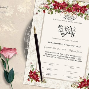 May include: A white and gold Islamic marriage certificate with red floral borders. The text reads "This agreement is to certify that Shayaan Qureshi and Sabrina Khan were united in the auspicious bond of Islamic marriage on September 17, 2028 in the city of Toronto at Masjid Al-Aqsa."