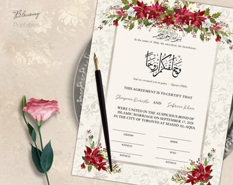 Certificado Nikah Personalizable Crema Verde Roja, Contrato Nikkah Musulmán, Contrato Nikah Digital, Nikahnama, Certificado de Boda Islámica
