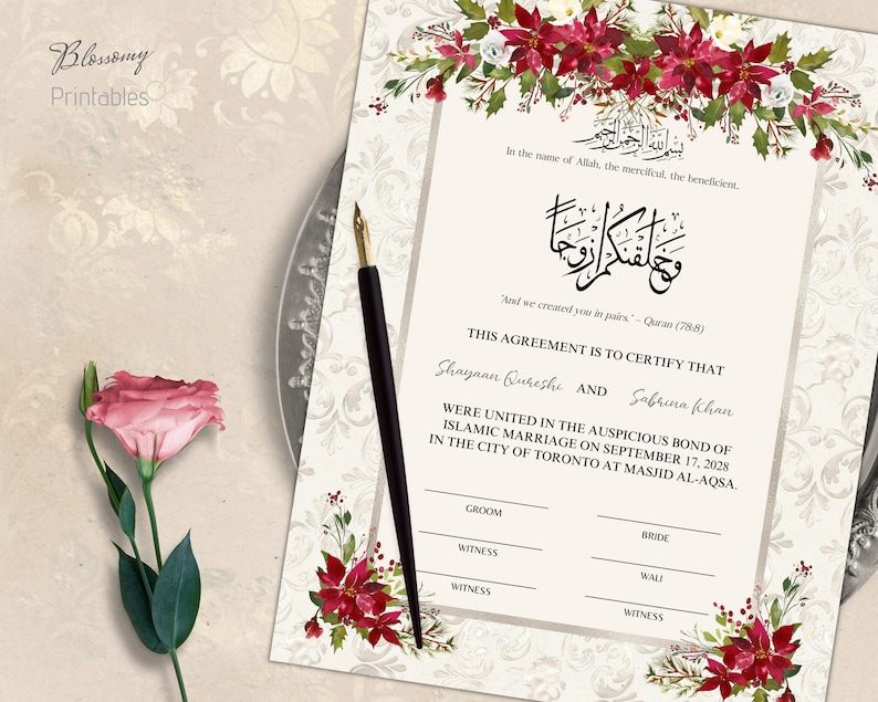 May include: A white and gold Islamic marriage certificate with red floral borders. The text reads "This agreement is to certify that Shayaan Qureshi and Sabrina Khan were united in the auspicious bond of Islamic marriage on September 17, 2028 in the city of Toronto at Masjid Al-Aqsa."
