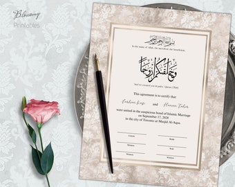 Certificado Nikkah editable, Contrato Nikkah musulmán, Contrato Nikah islámico digital, Nikahnama, Certificado de boda musulmán Blush Pink