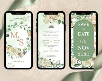 Digital Muslim Wedding Invite, Digital Nikah Invitation Green Cream, Walima, Muslim Wedding Invitation, Nikkah Invite Template