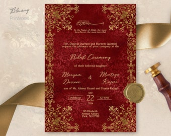 May include: Red and gold wedding invitation with ornate floral designs. The invitation announces a Nikah Ceremony for Maryam Durrani and Murtaza Kazmi on Saturday, October 22, 2024 at 4 PM. The address is 95 Elizabeth Avenue Asbury Park, NJ 07712.