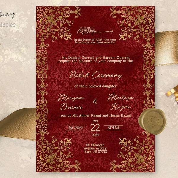 Editable Muslim Wedding Invitation, Nikah Invitation Red Gold, Walima, Islamic Wedding Invitation, Nikkah Invite Template, Pakistani Evite