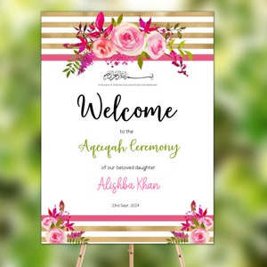 Aqeeqah Welcome Sign Girl, Aqiqah Welcome Sign Pink Gold, Islamic Aqeeqah Welcome Board, Aqeeqah decor, Muslim Aqeeqah Poster for Girl