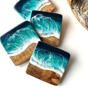 Elegant SET of Ocean-Inspired Coasters Handcrafted Mango Wood & Epoxy Resin Gift for Beach Lovers Anniversary Gifts Wedding Gift image 2