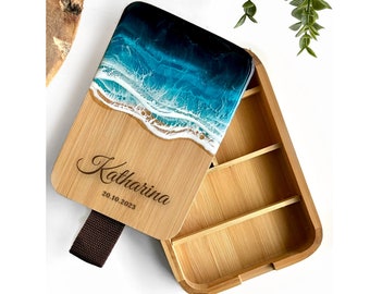 Personalized jewelry box with mirror - Ocean epoxy resin with engraving 20x14cm | Beach lover | Box | ResinArt | Gift idea for her