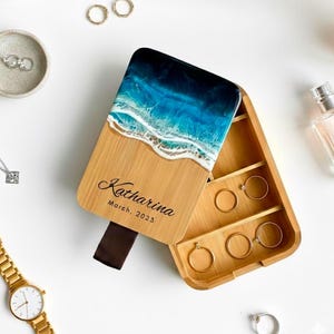Personalisiertes Schmuckkästchen mit Spiegel - Ozean Epoxidharz mit Gravur 20x14cm| Strandliebhaber |Box |ResinArt |Geschenkidee für sie
