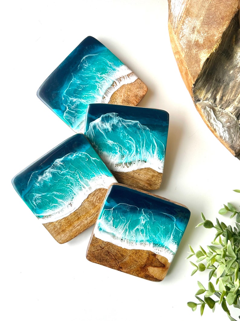 Elegant SET of Ocean-Inspired Coasters Handcrafted Mango Wood & Epoxy Resin Gift for Beach Lovers Anniversary Gifts Wedding Gift image 8