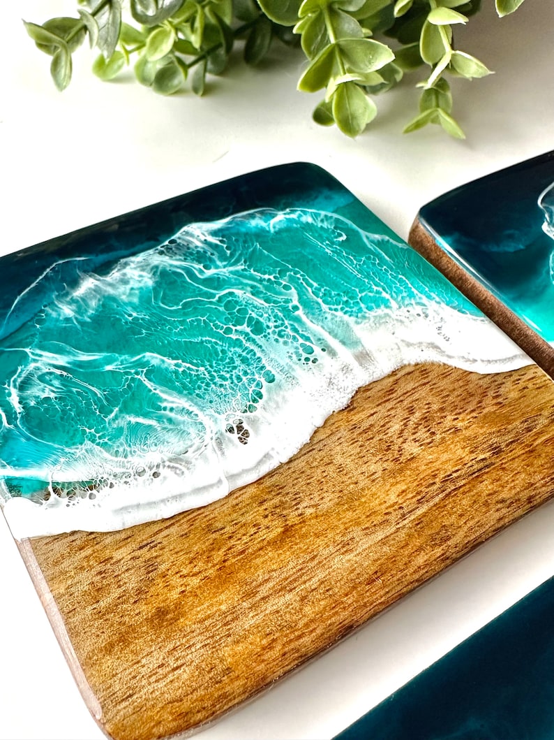 Elegant SET of Ocean-Inspired Coasters Handcrafted Mango Wood & Epoxy Resin Gift for Beach Lovers Anniversary Gifts Wedding Gift image 7