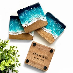 Elegant SET of Ocean-Inspired Coasters - Handcrafted - Mango Wood & Epoxy Resin - Gift for Beach Lovers Anniversary Gifts - Wedding Gift