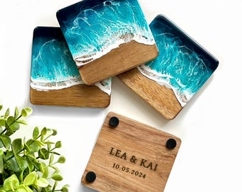 Elegantes SET Ozean-inspiriertes Untersetzer - Handgefertigt aus Mangoholz & Epoxidharz - Ideal als Geschenk für Strandliebhaber - Resin