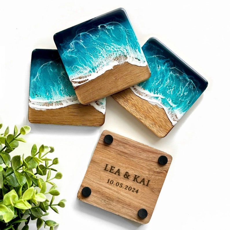 Elegant SET of Ocean-Inspired Coasters Handcrafted Mango Wood & Epoxy Resin Gift for Beach Lovers Anniversary Gifts Wedding Gift image 1