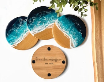 Exclusive Ocean Art Resin & Wood Coaster Set - Perfect as a Wedding Gift for Couples Who Love the Sea - 11 cm