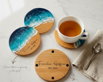 Exclusive Ocean Art Resin & Wood Coaster Set - Perfect as a Wedding Gift for Couples Who Love the Sea - 11 cm