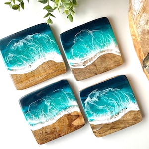 Elegant SET of Ocean-Inspired Coasters Handcrafted Mango Wood & Epoxy Resin Gift for Beach Lovers Anniversary Gifts Wedding Gift image 5