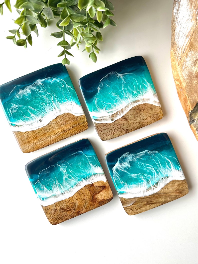 Elegant SET of Ocean-Inspired Coasters Handcrafted Mango Wood & Epoxy Resin Gift for Beach Lovers Anniversary Gifts Wedding Gift image 5