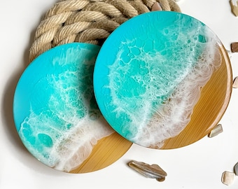 Exclusifs SET Untersetzer im Meer-Design aus Epoxidharz & Holz - Idéal comme Hochzeitsgeschenk für Paare die das Meer lieben- 11 cm - Dessous de verre