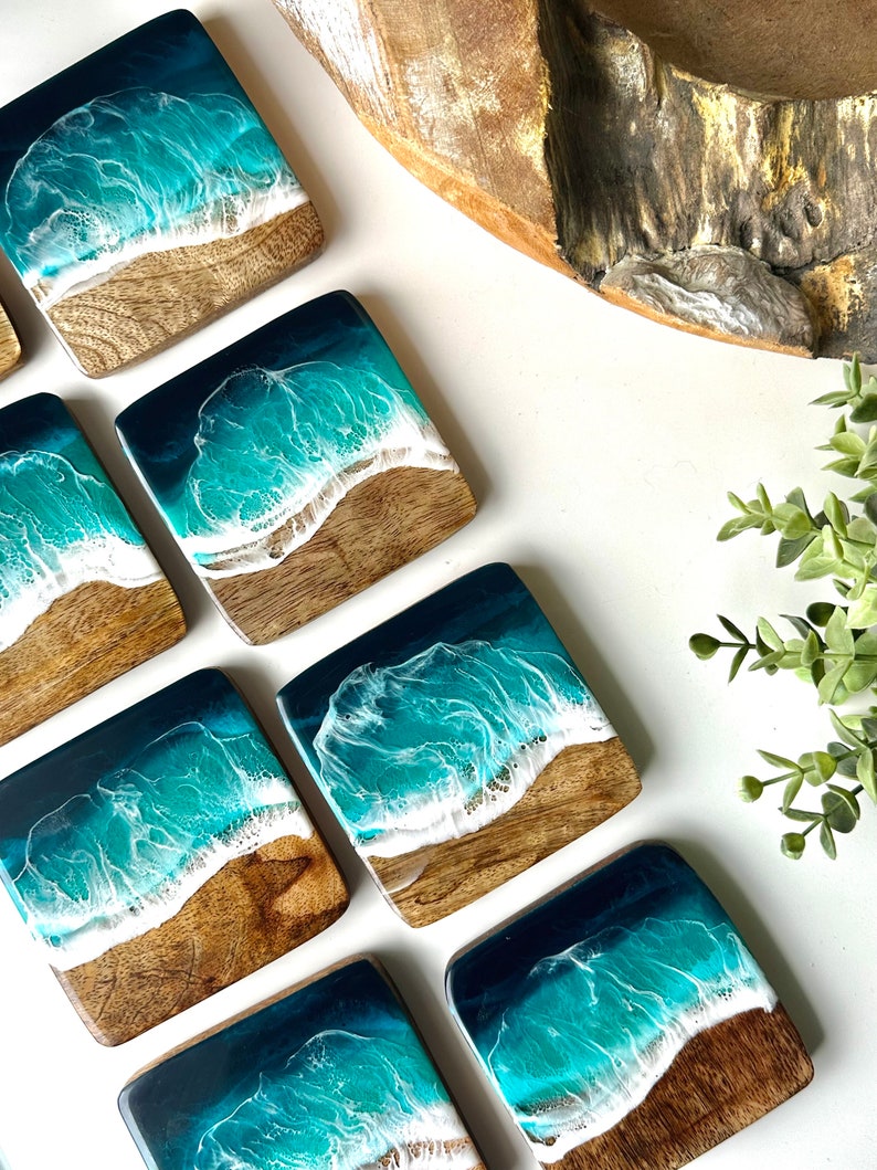 Elegant SET of Ocean-Inspired Coasters Handcrafted Mango Wood & Epoxy Resin Gift for Beach Lovers Anniversary Gifts Wedding Gift image 4
