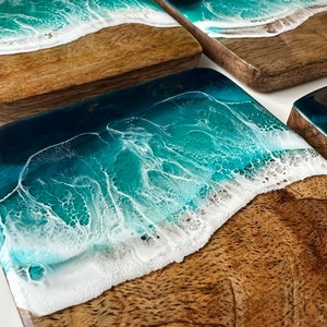 Elegant SET of Ocean-Inspired Coasters Handcrafted Mango Wood & Epoxy Resin Gift for Beach Lovers Anniversary Gifts Wedding Gift image 6